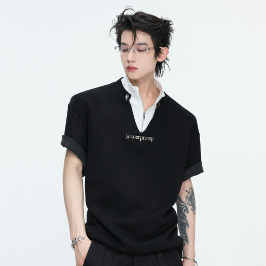Fake Layered Stand Neck Boxy Short Sleeve T-Shirt WN26981