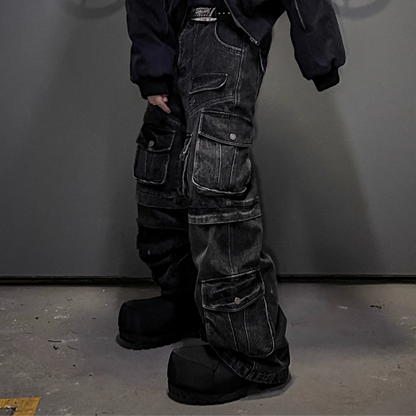 Multi Pocket Washed Heavyweight Cargo Denim Jeans WN20840