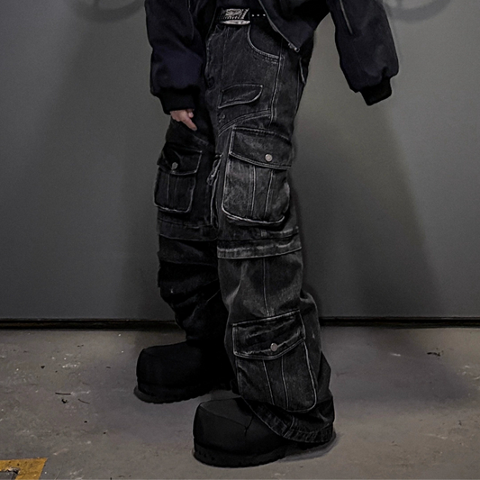 Multi Pocket Washed Heavyweight Cargo Denim Jeans WN20840