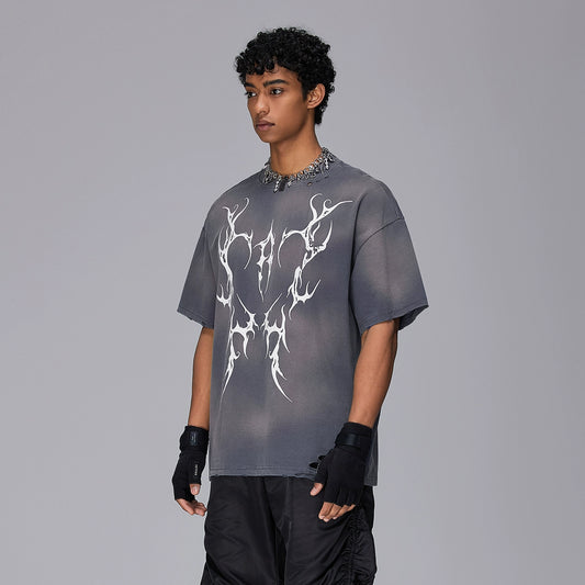 3D Paste Print Spray Wash Heavyweight Short Sleeve T-Shirt WN17958