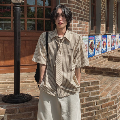 Striped Design Short Sleeve Shirt & Tie WN20265