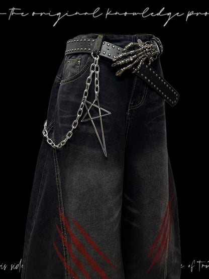Washed Whisker Scratch Wide Leg Denim Jeans & Belt & Chain WN20117