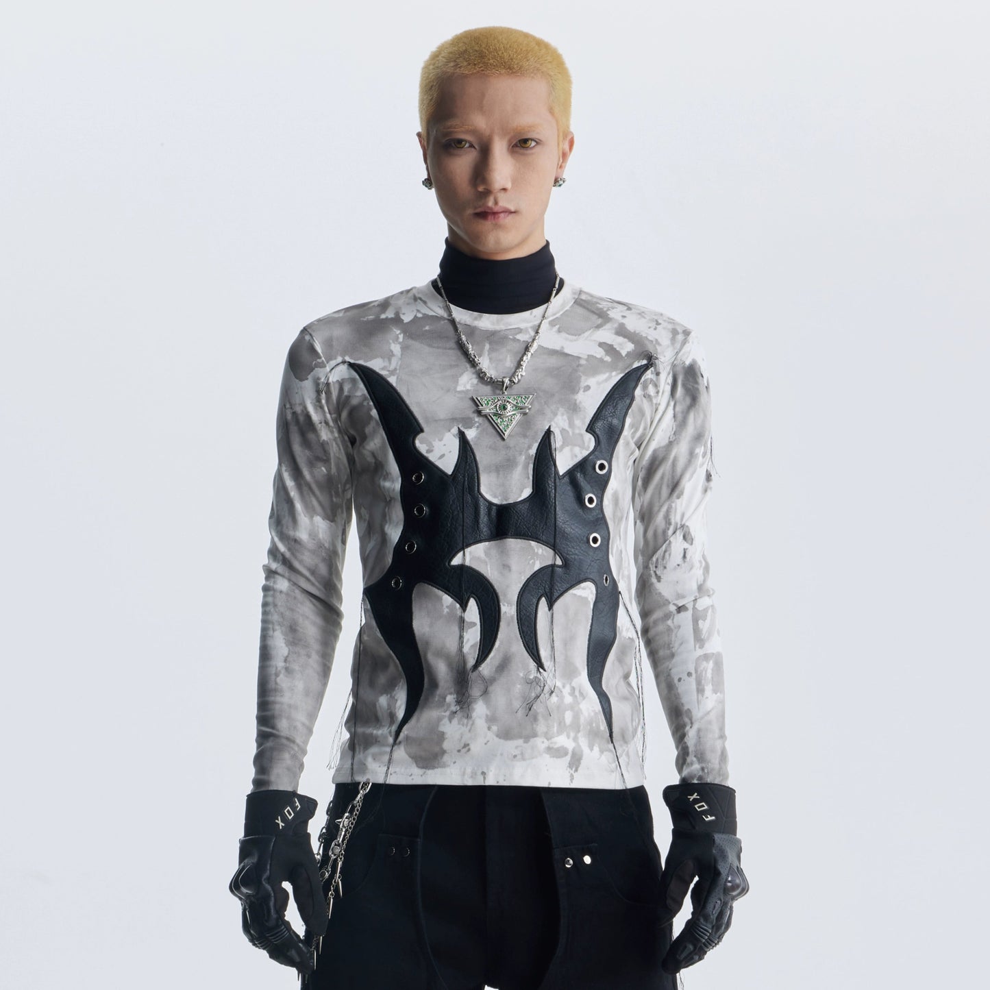 Tie-dye PU Mix Fringe Long Sleeve T-Shirt WN20821