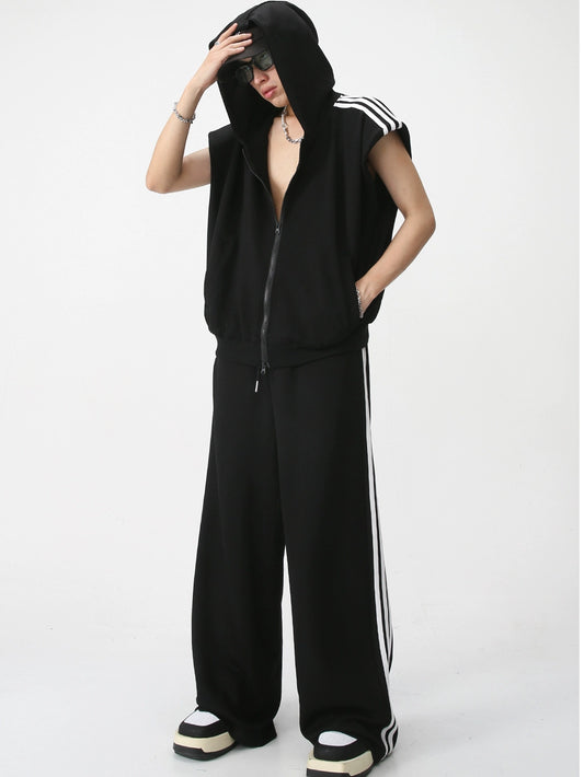 Side Stripes Zipper Hooded Vest & Zipper Wide-Leg Straight Sweatpants Setup WN7283