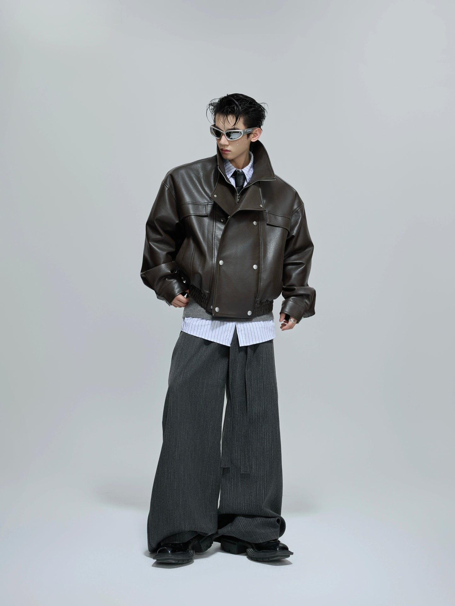 Deconstructed Fake Layered Button PU Leather Short Jacket WN21688