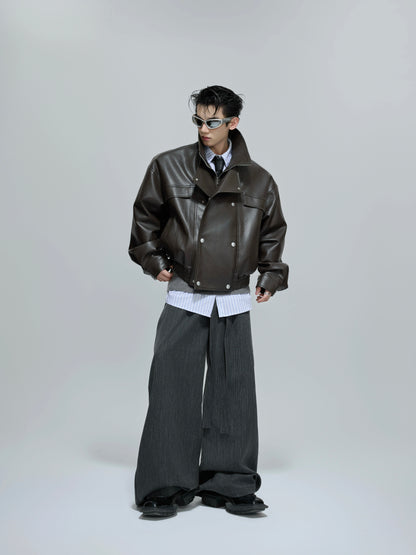 Deconstructed Fake Layered Button PU Leather Short Jacket WN21688