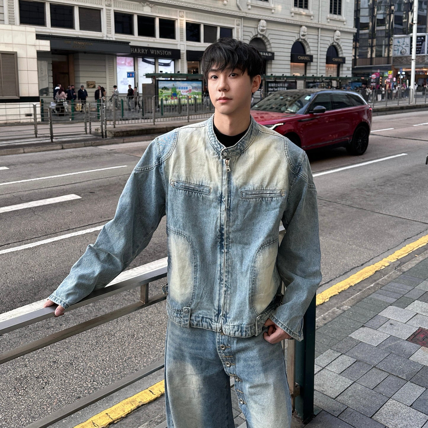 Standing-Collar Damage Wash Denim Jacket & Damage Wash Wide Leg Denim Jeans Setup WN25265