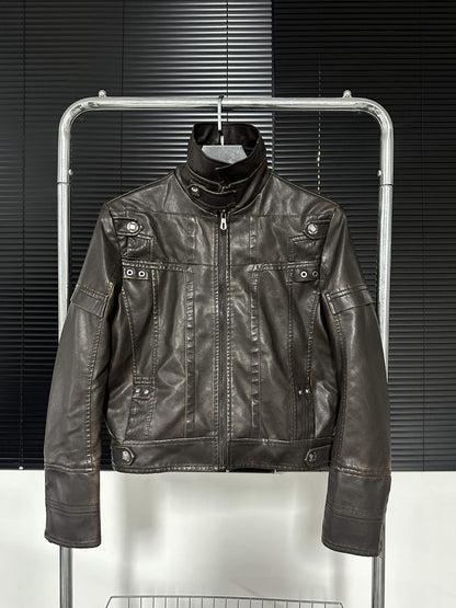 Washed Short PU Leather Zipprer Jacket WN15748