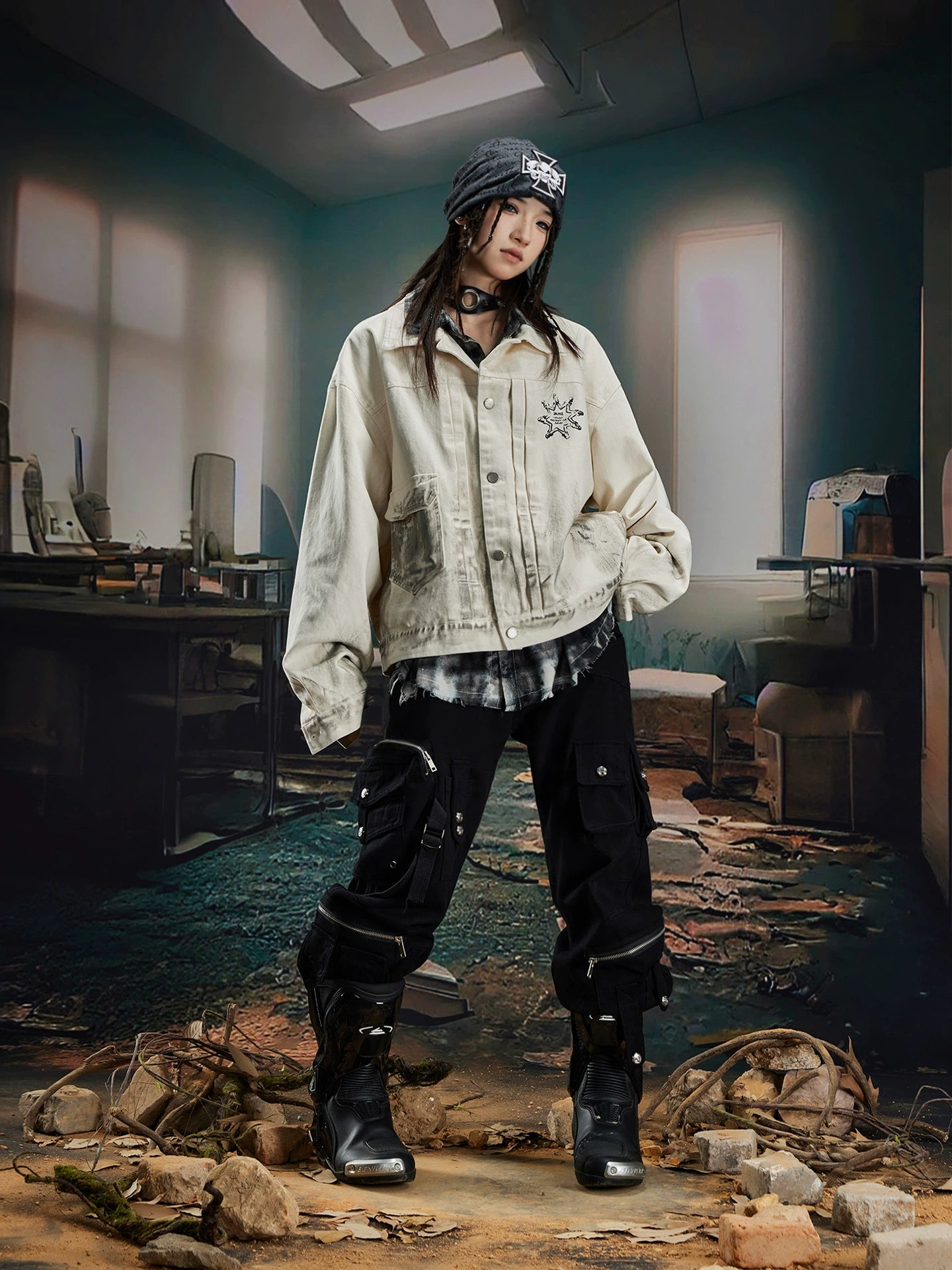 Dirty Print Oversize Denim Jacket WN20587