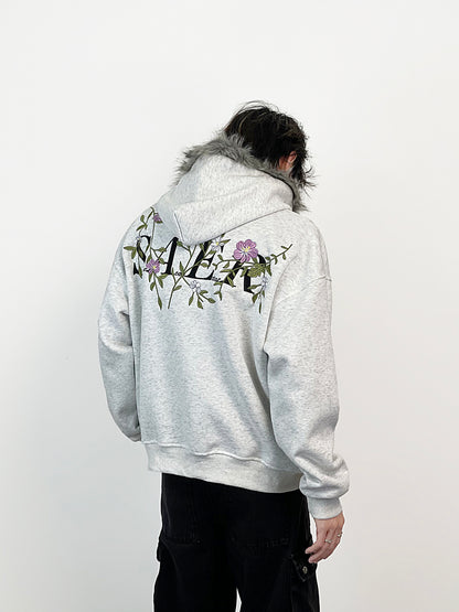Fake Fur Collar Floral Embroidery Hoodie WN24287