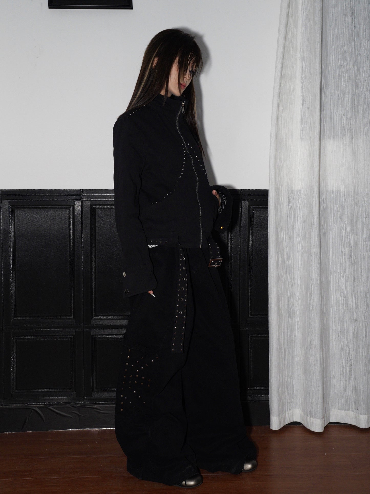 Metal Stud Wide Leg Floor-Length Pants WN22236