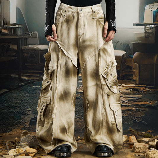 Washed Ink Spray Multi Pocket Cargo Pants WN22769