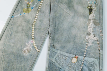 3D Print Washed Wide Leg Denim Jeans WN23038