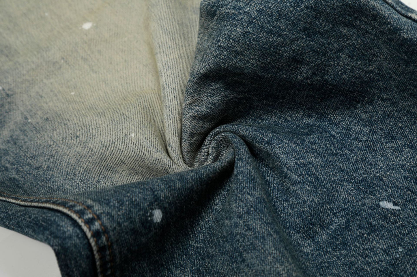 Washed Whisker Paint Splatter Curved Denim Jeans WN26141