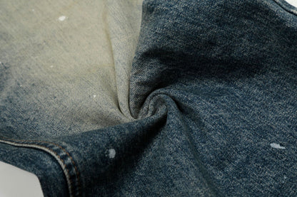 Washed Whisker Paint Splatter Curved Denim Jeans WN26141