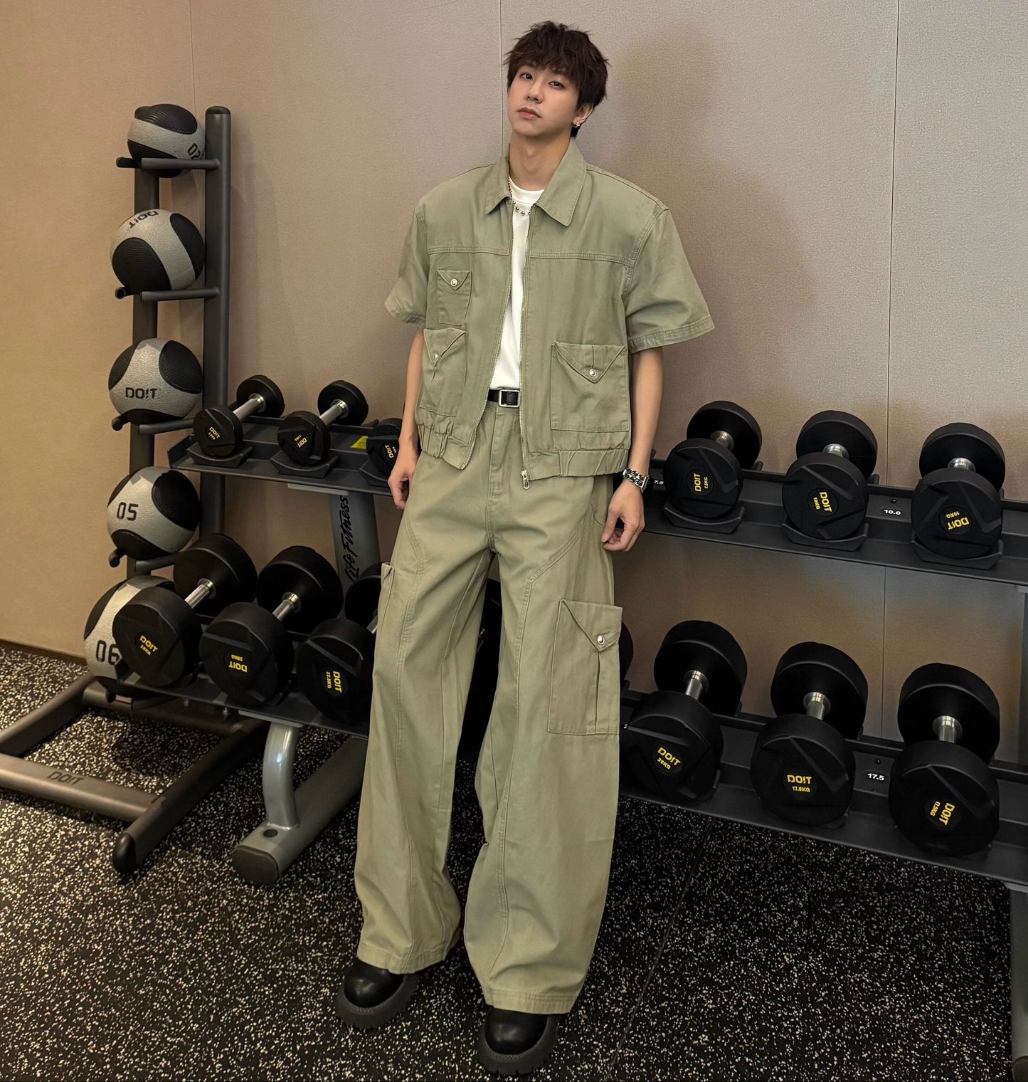 Pocket Short Sleeve Jacket & Wide Leg Cargo Pants Setup WN25342
