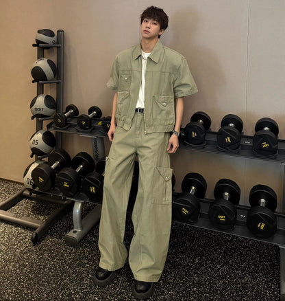Pocket Short Sleeve Jacket & Wide Leg Cargo Pants Setup WN25342