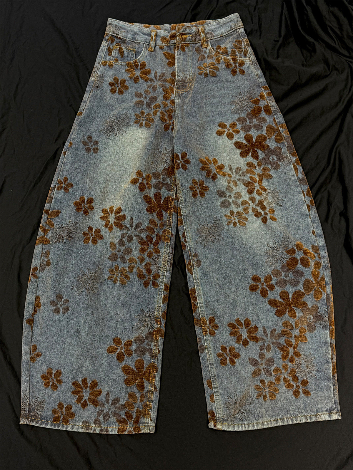 Flocked Wide Leg Curved Denim Jeans WN23031