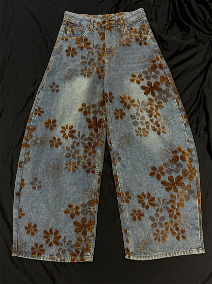 Flocked Wide Leg Curved Denim Jeans WN23031