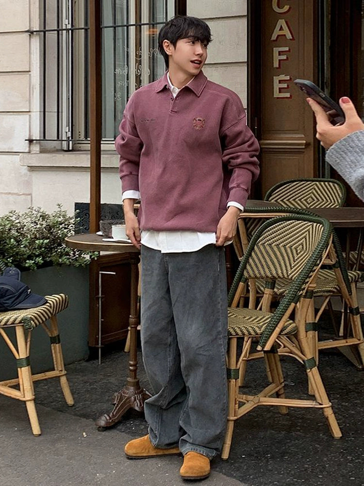 Embroidered Lapel Pullover Long Sleeve Polo Shirt WN20242