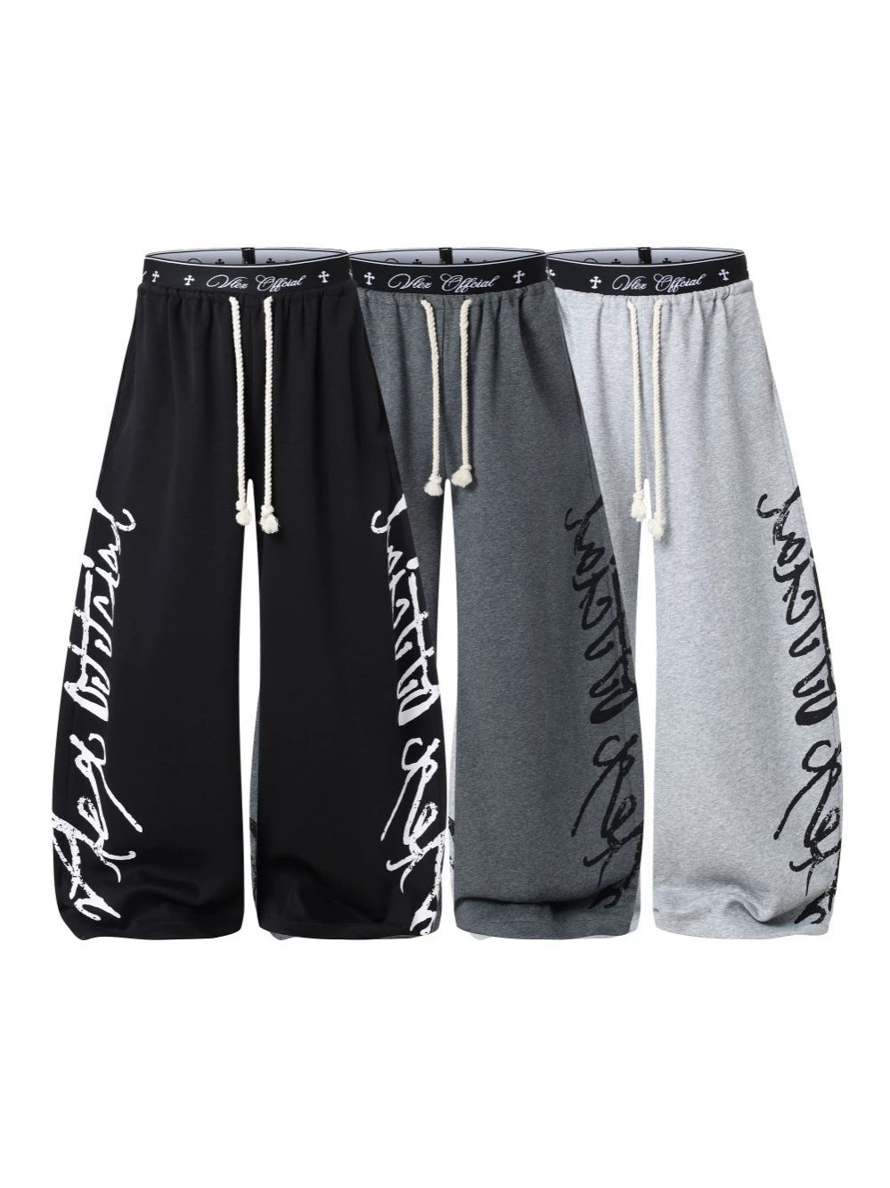All-Over Graffiti Crackle Puff Print Wide Leg Sweatpants WN27852