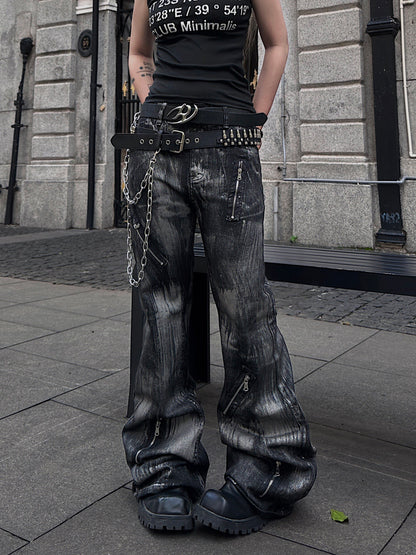 Damage Wash Zipper Wide Leg Denim Jeans WN24178