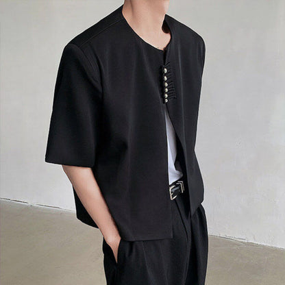 Chinese Style Shoulder Pad Short Sleeve Shirt WN19318