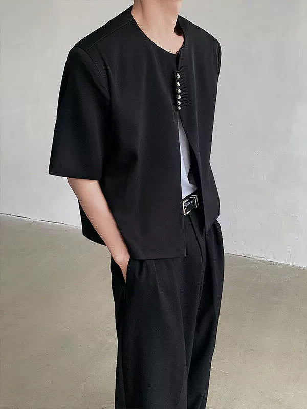 Chinese Style Shoulder Pad Short Sleeve Shirt WN19318