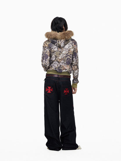 Embroidery Button-Fly Low-Rise Wide Leg Denim Jeans WN27284