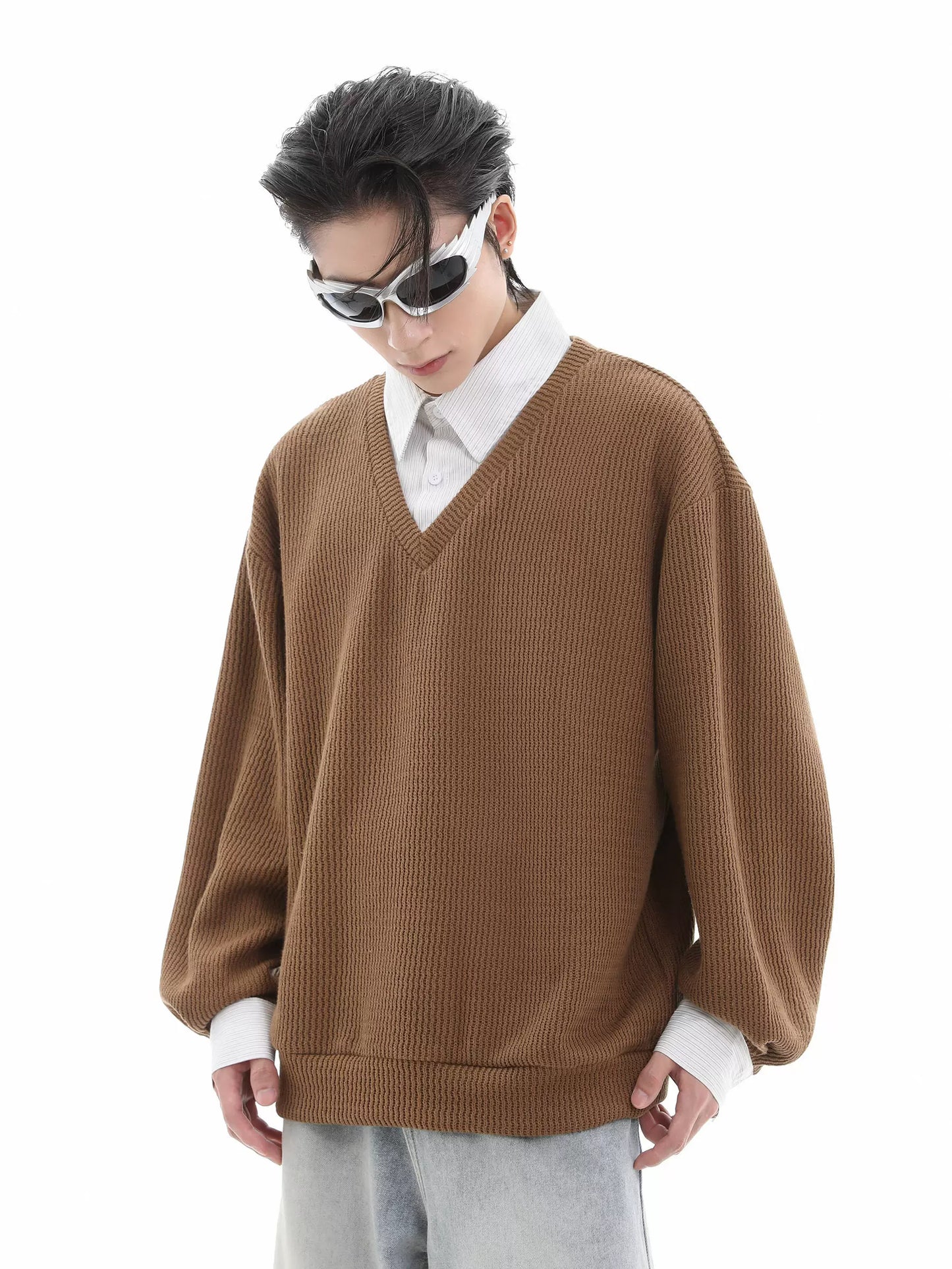 Fake Layered Shirt Collar Knit Sweater WN10268