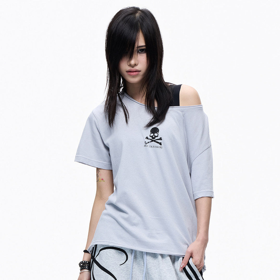 Skull Print Off-Shoulder Fake Layered Short Sleeve T-Shirt WN27279
