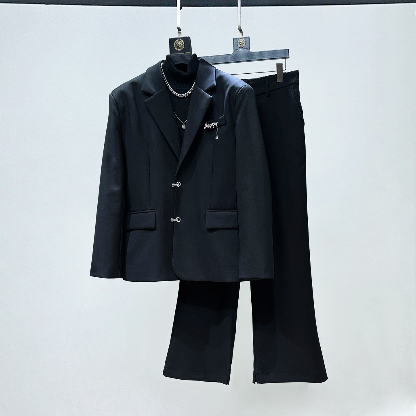 Metal Buckle Tailored Jacket & Wide Leg Flare Trousers Setup WN23941