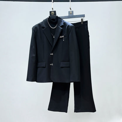 Metal Buckle Tailored Jacket & Wide Leg Flare Trousers Setup WN23941