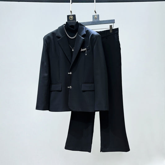 Metal Buckle Tailored Jacket & Wide Leg Flare Trousers Setup WN23941