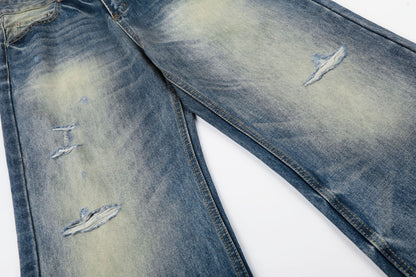 Washed Whisker Damage Wide Leg Denim Jeans WN26008