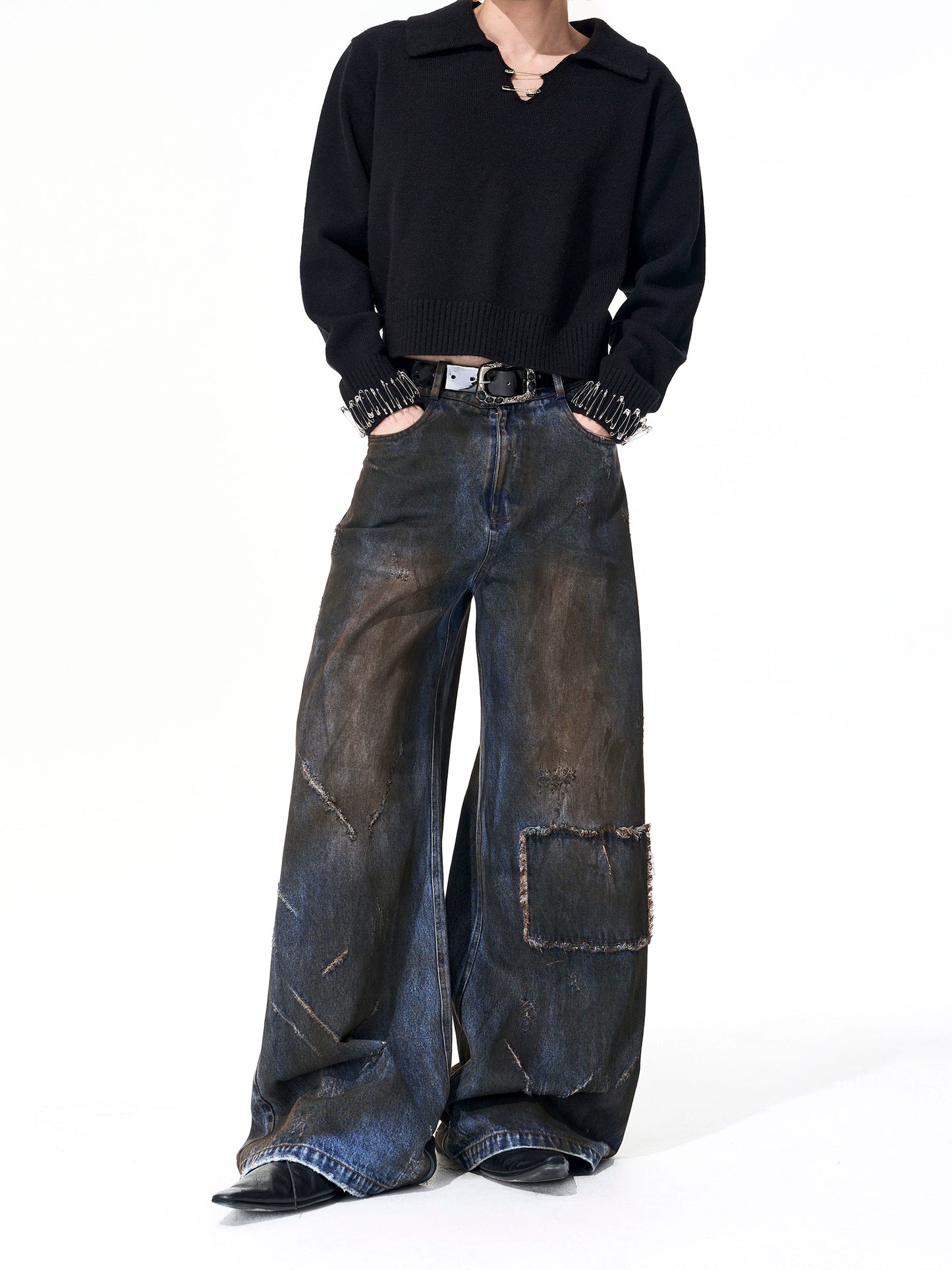 Dyed Damage Wide Leg Denim Jeans WN21843