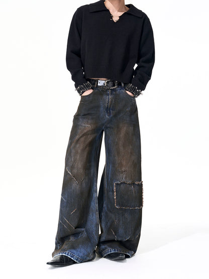 Dyed Damage Wide Leg Denim Jeans WN21843