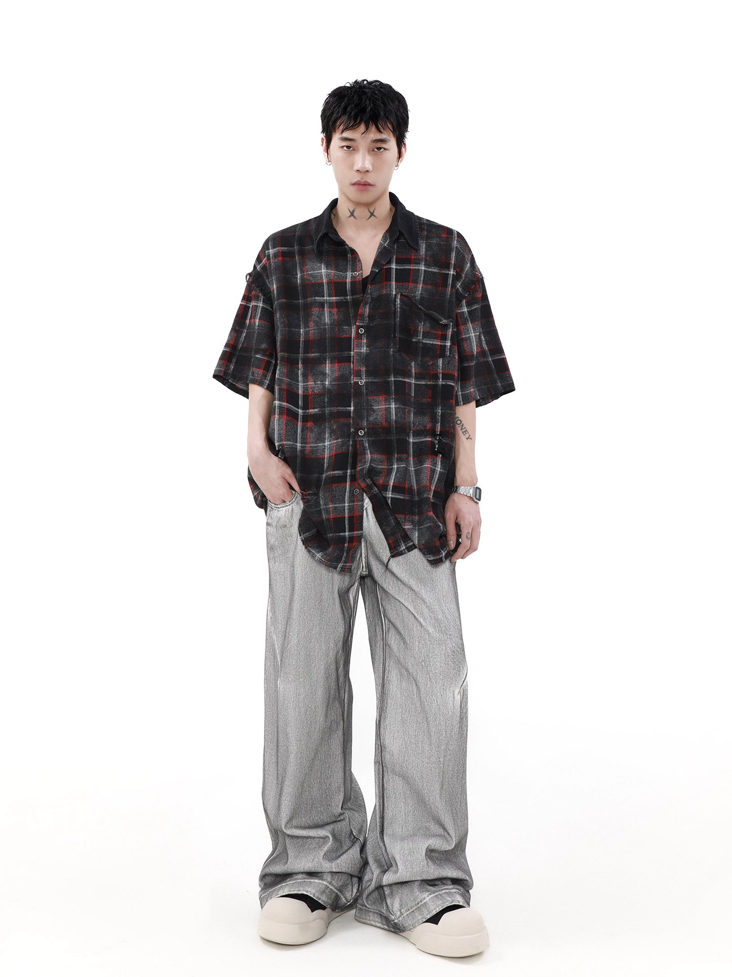 Oversize Plaid Short Sleeve Shirt WN7540