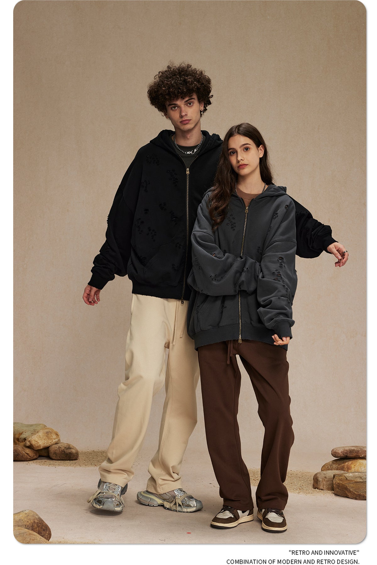 Oversize Damage Double Zipper Hoodie WN9975