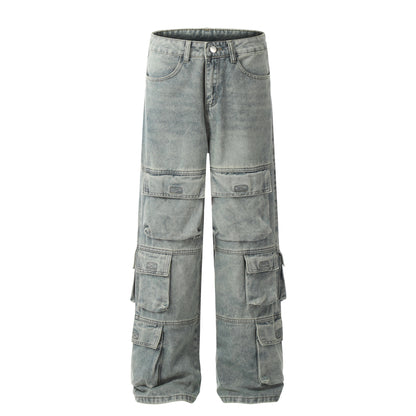 Washed Denim Cargo Jeans WN11042