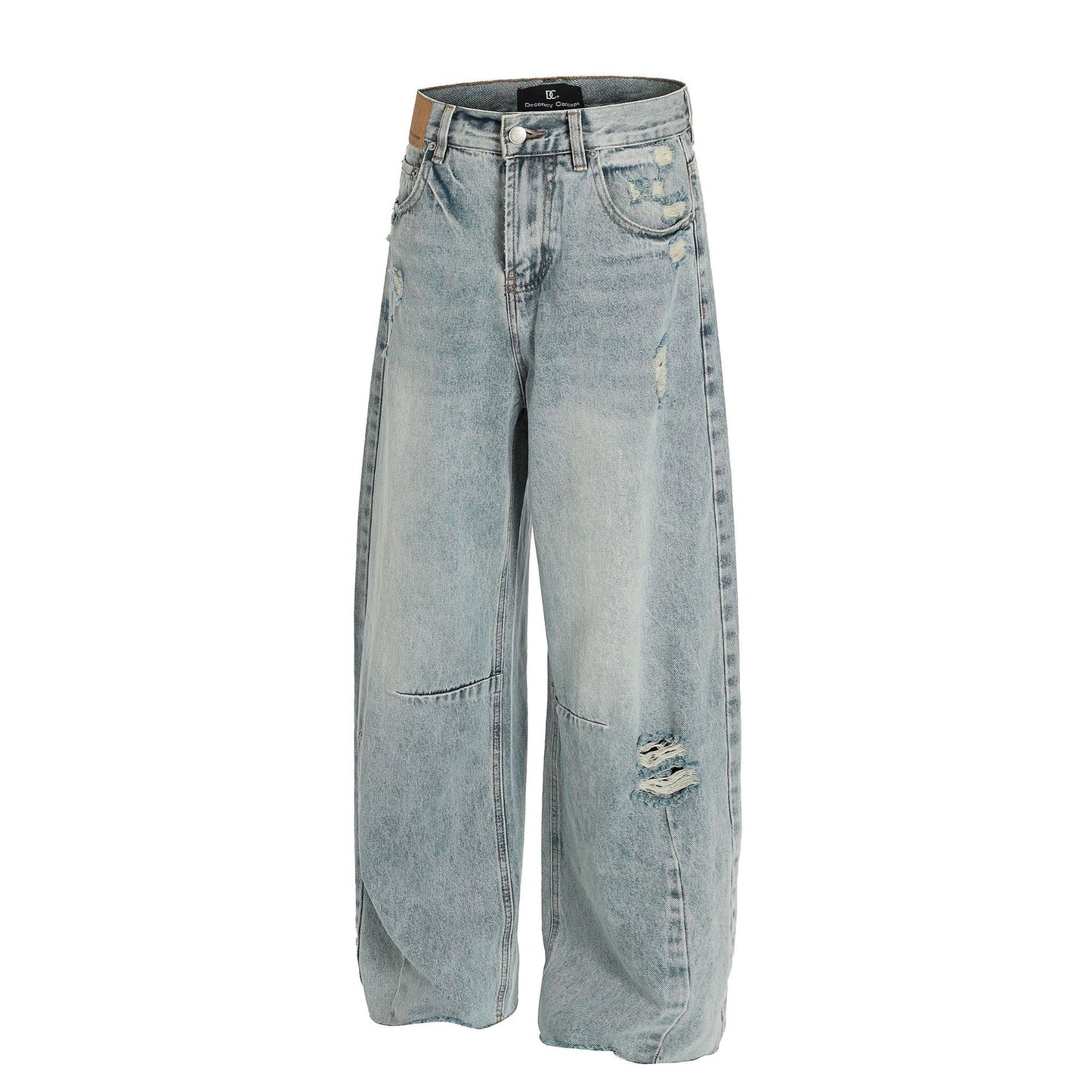 Wash Damage Wide Leg Curved Denim Jeans WN25878