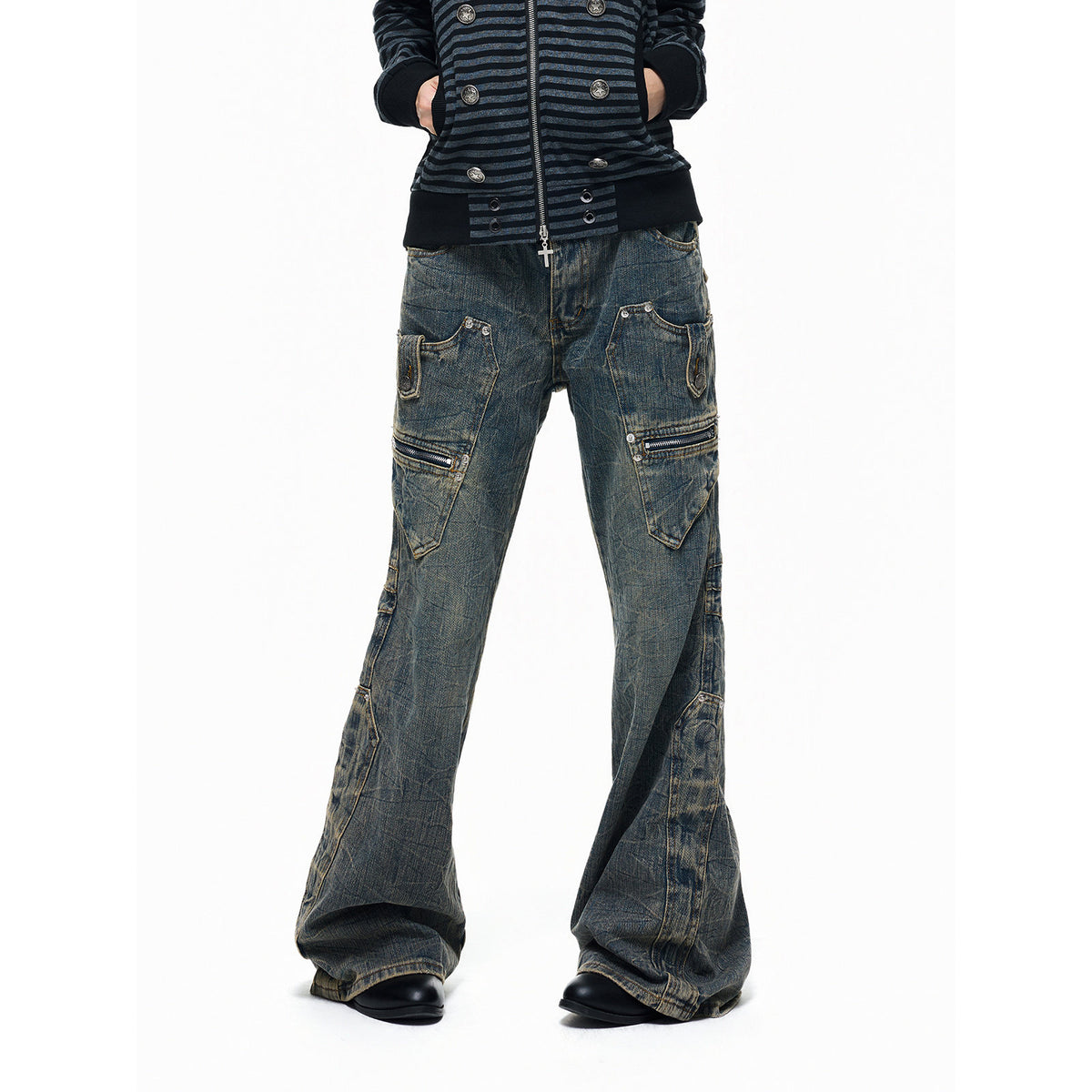 Multi-Pocket Panel Washed Wide Leg Denim Jeans WN27345