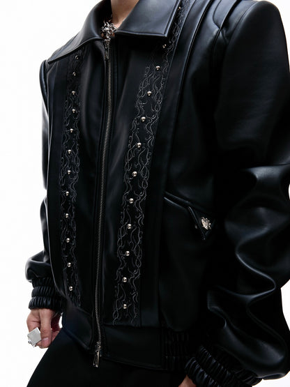 Vine Embroidery PU Leather Jacket WN20543