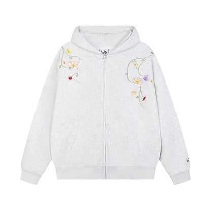 Floral Embroider Heavyweight Oversize Zipper Hoodie WN111417