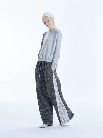 Patchwork Lace Cutout Sequin Embroidery Sweatshirt WN18947