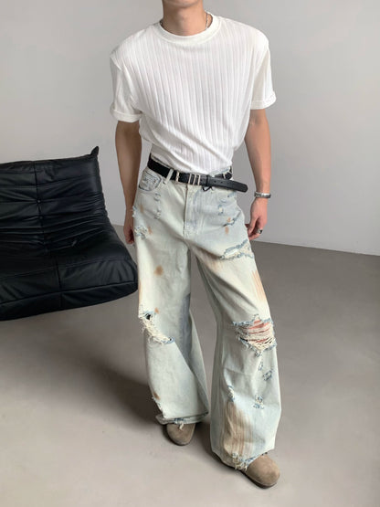 Washed Paint Damage High Waist Wide Leg Denim Jeans WN20088