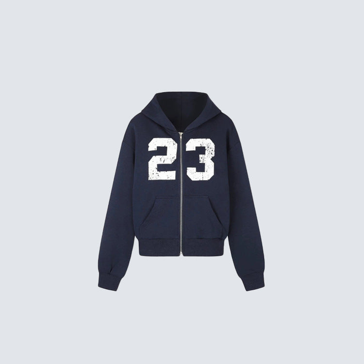 Cropped Number Graphic Zipper Hoodie WN27966