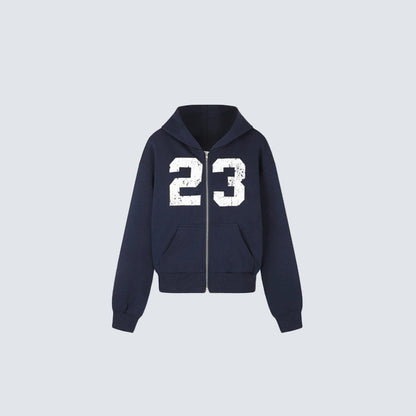 Cropped Number Graphic Zipper Hoodie WN27966