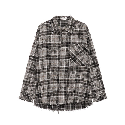 Plaid Washed Fringe Long Sleeve Shirt WN25379