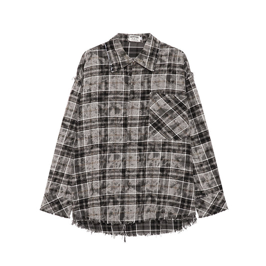 Plaid Washed Fringe Long Sleeve Shirt WN25379